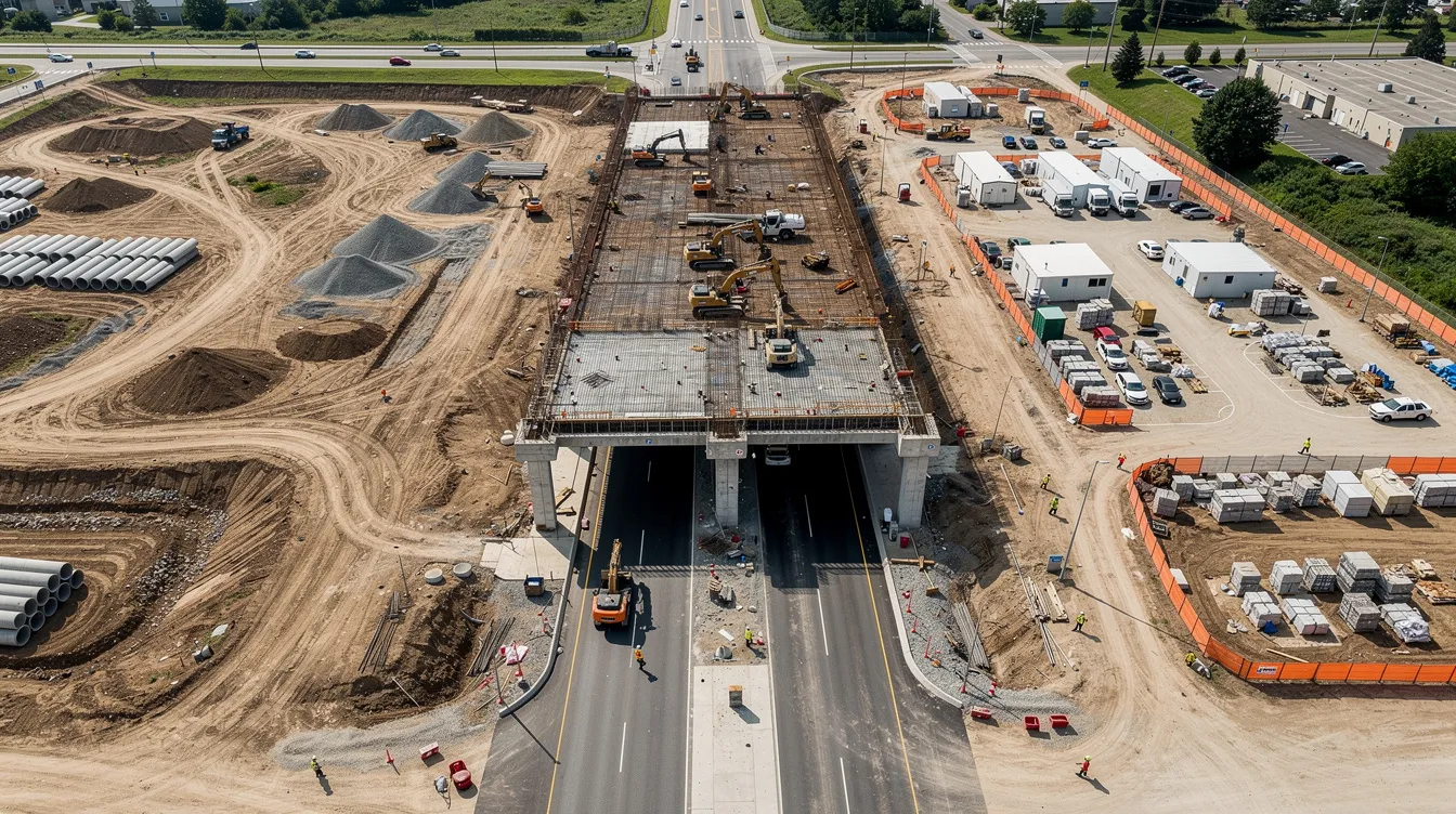 An aerial view captures a public infrastructure construction project underway, showcasing workers engaged in various tasks, heavy machinery, and materials on site. This project adheres to prevailing wage requirements, ensuring that all workers are paid prevailing wages in compliance with labor standards and regulations.