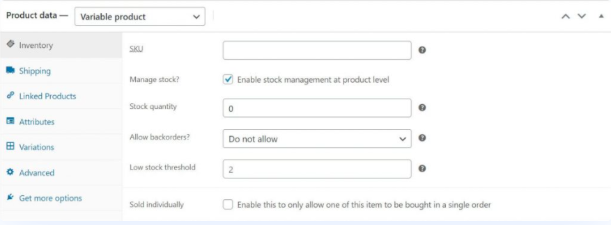 Product Data - Inventory options
