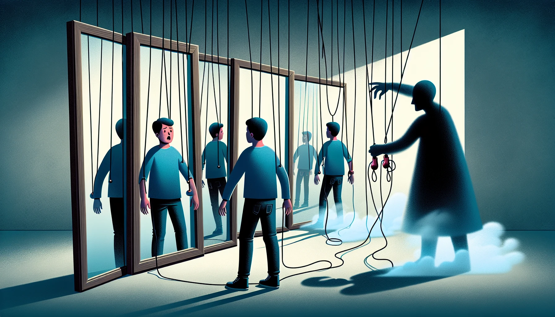 Illustration depicting a person being manipulated and confused by deceptive tactics, representing gaslighting