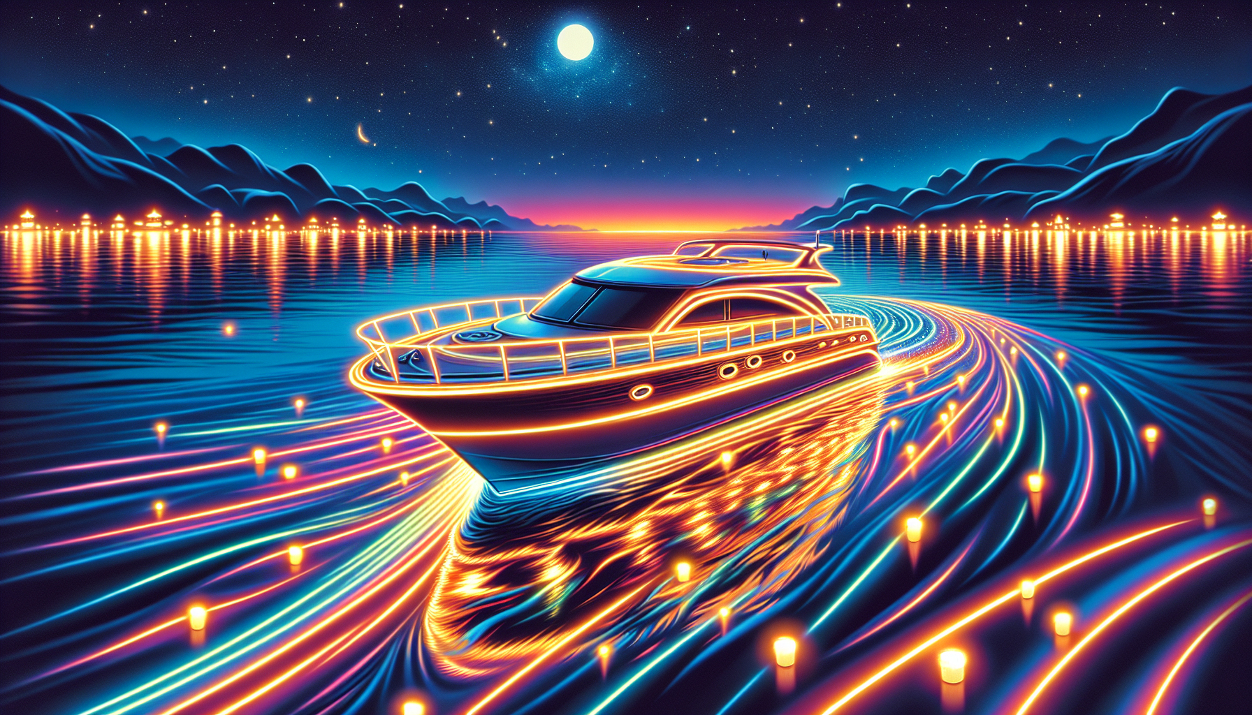 An illustration of a boat enhanced with LED tape lights.