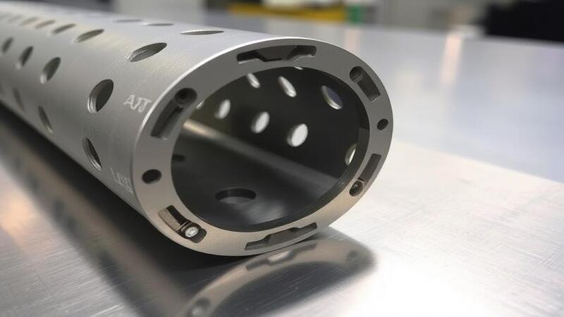 Close-up of a laser-cut metal tube with intricate holes and angular cutouts, showcasing tight tolerances.