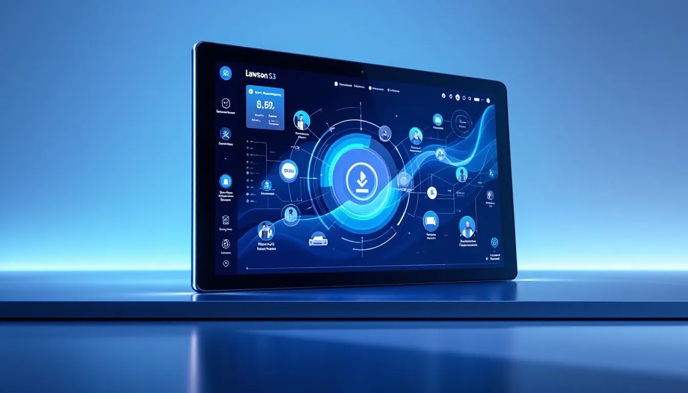 Key features of Lawson S3 ERP software highlighted in a visual format.