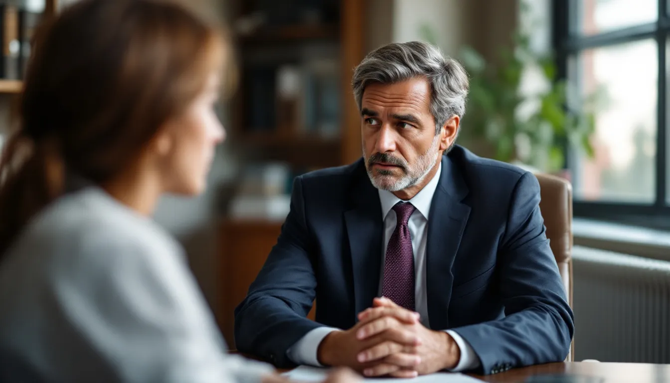 A thoughtful lawyer discussing car accident cases with a client in Colorado Springs.