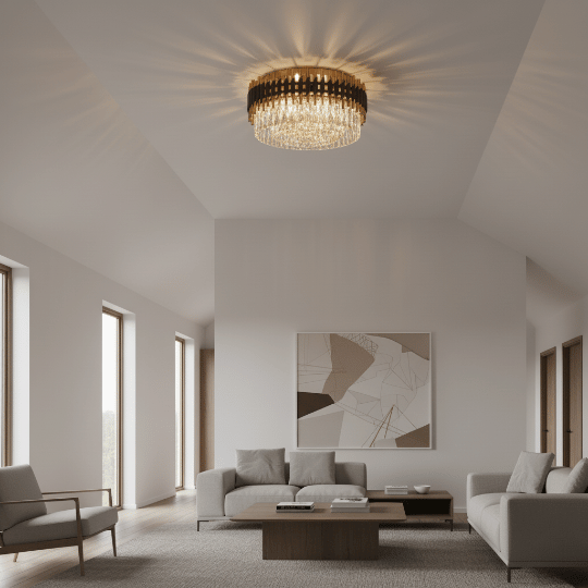 Round flush mount crystal chandelier with a black and gold frame, a refined option for high ceiling chandelier ideas.