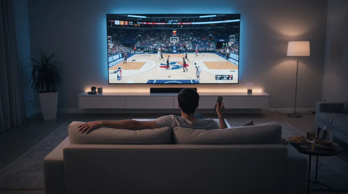 A person is comfortably seated on a couch, intently watching a basketball game on a large smart TV in a softly lit room, showcasing a perfect setting for enjoying live sports with high-quality streaming. The ambiance suggests a cozy atmosphere ideal for sports fans to engage with their favorite live TV channels.