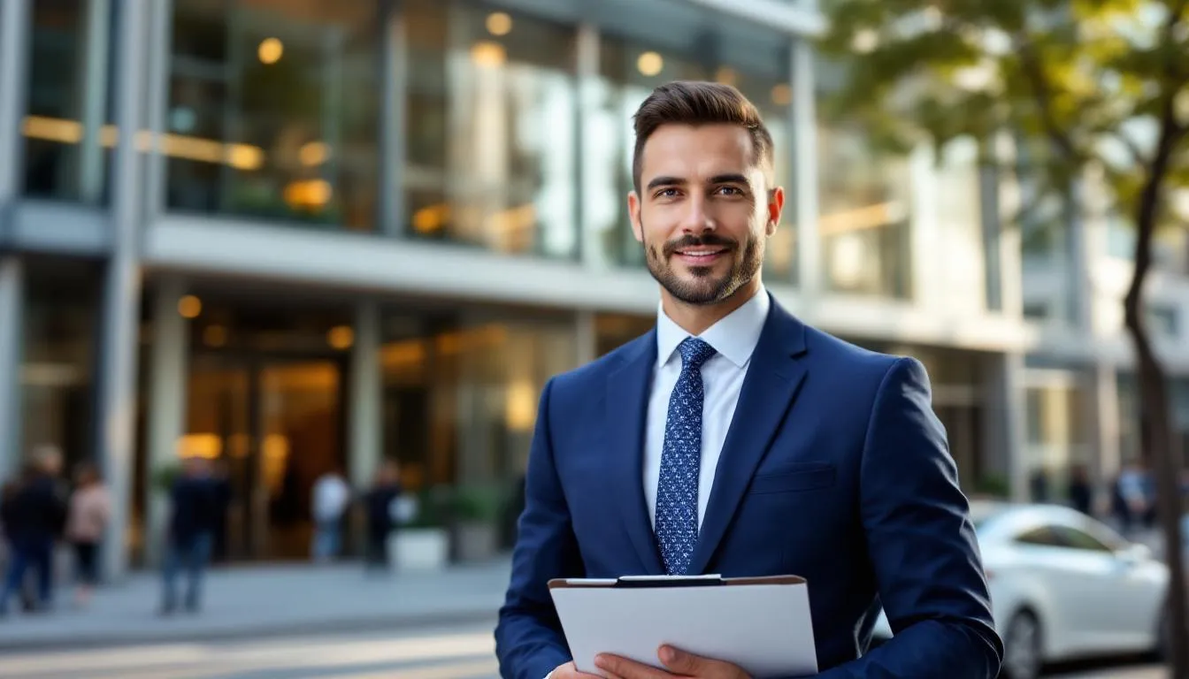 A small business owner stands confidently in front of an office building, symbolizing their pursuit of a commercial real estate loan. The image highlights the importance of financing options for small businesses looking to invest in commercial properties.