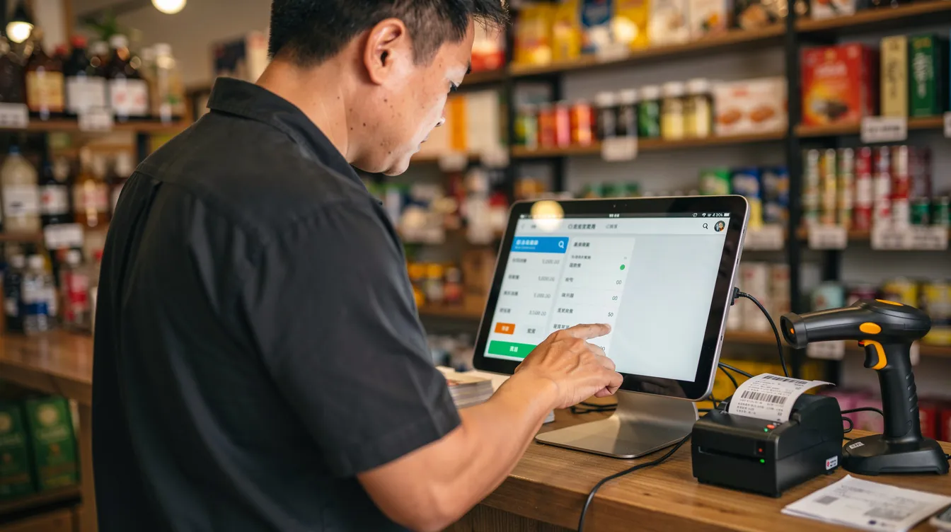 A small business owner is inside their store, using a tablet to check payment transactions. The scene captures the essence of modern financial management, highlighting the convenience of online loans and the efficiency of digital payment platforms.