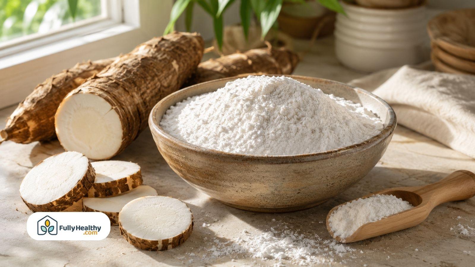 Cassava flour bowl with fresh cassava roots in natural sunlight
