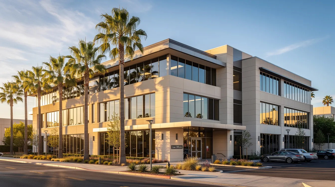 The image depicts a modern law office building in Southern California, surrounded by palm trees that evoke a relaxed, sunny atmosphere typical of the region. This California law firm specializes in family law, including prenuptial agreements and postnuptial agreements, catering to Orange County clients seeking legal guidance on financial responsibilities and property rights in marriage.