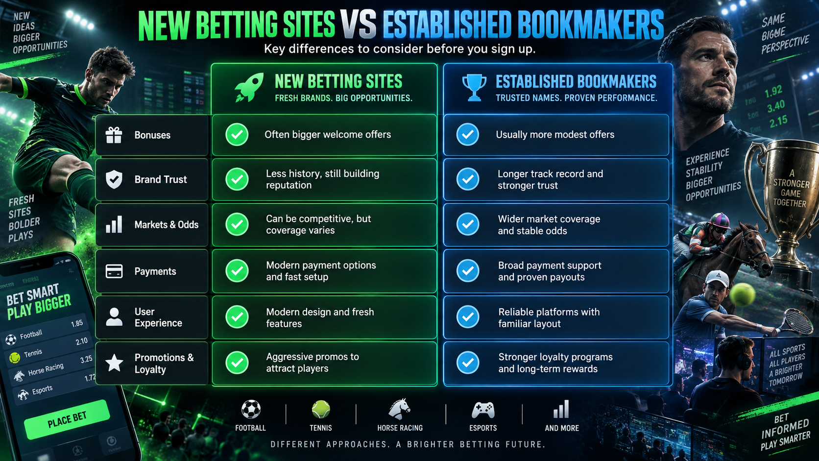 Comparison of new betting sites and established UK bookmakers, highlighting welcome bonuses, betting odds, payment methods, reputation and user experience.