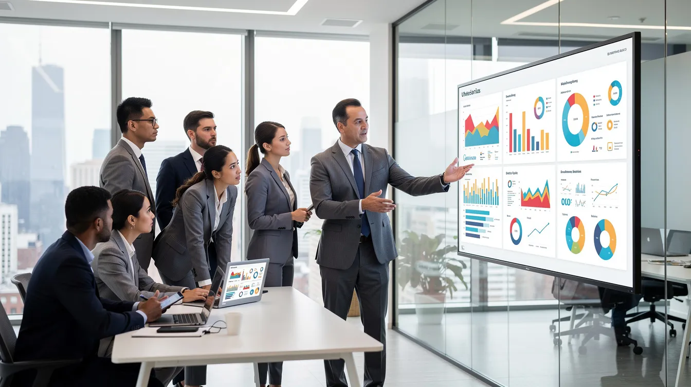 A professional business team is gathered in a modern office, reviewing data displayed on a large monitor. They appear focused and engaged, likely discussing effective sales sequences and strategies to address specific pain points in their outreach efforts.