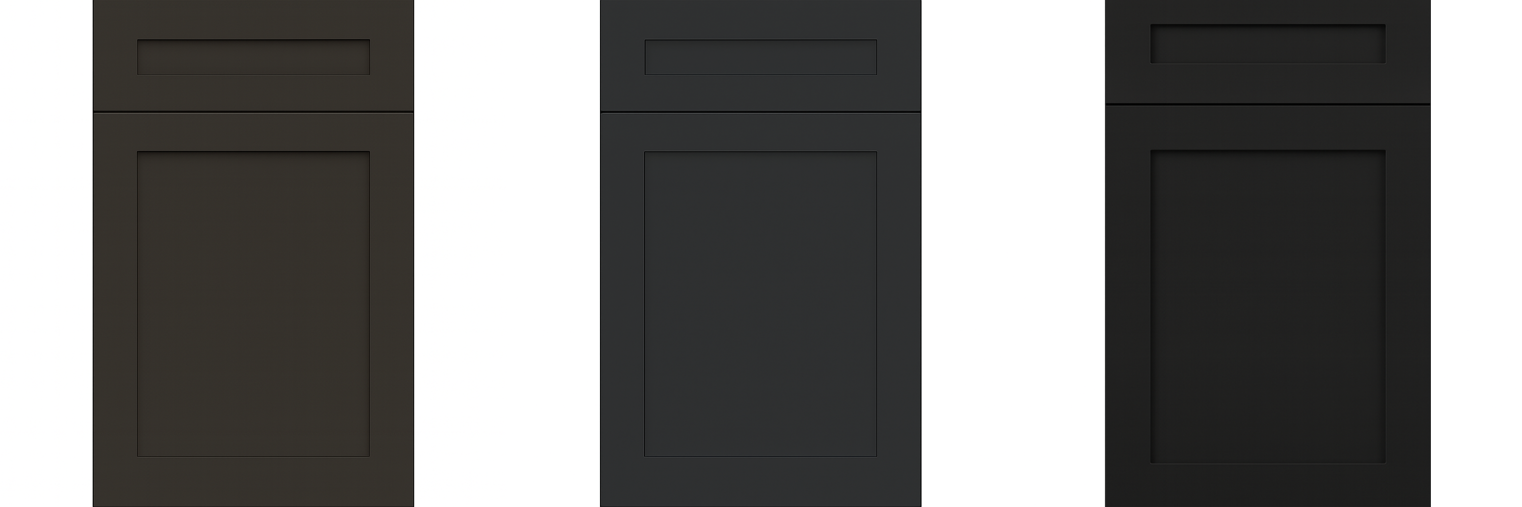 Side-by-side comparison of kitchen cabinets painted in Sherwin Williams Urbane Bronze, Iron Ore, and Tricorn Blac. Each cabinet showcases the unique depth and undertones of these paint colors, highlighting their suitability for modern kitchen interiors.