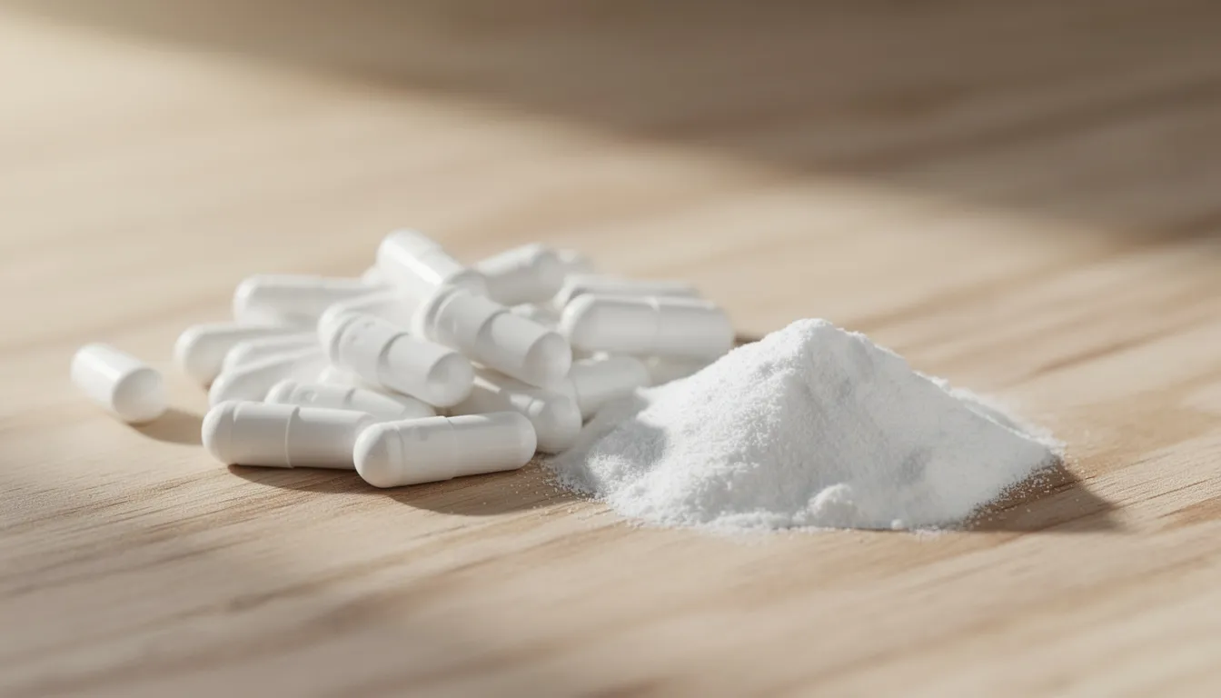 A close-up photograph showcases white NMN capsules and loose NMN powder arranged on a clean wooden surface, highlighting the differences between powder and capsules. This image emphasizes the convenience of NMN capsules for controlled dosing and the customizable intake options provided by NMN powder.