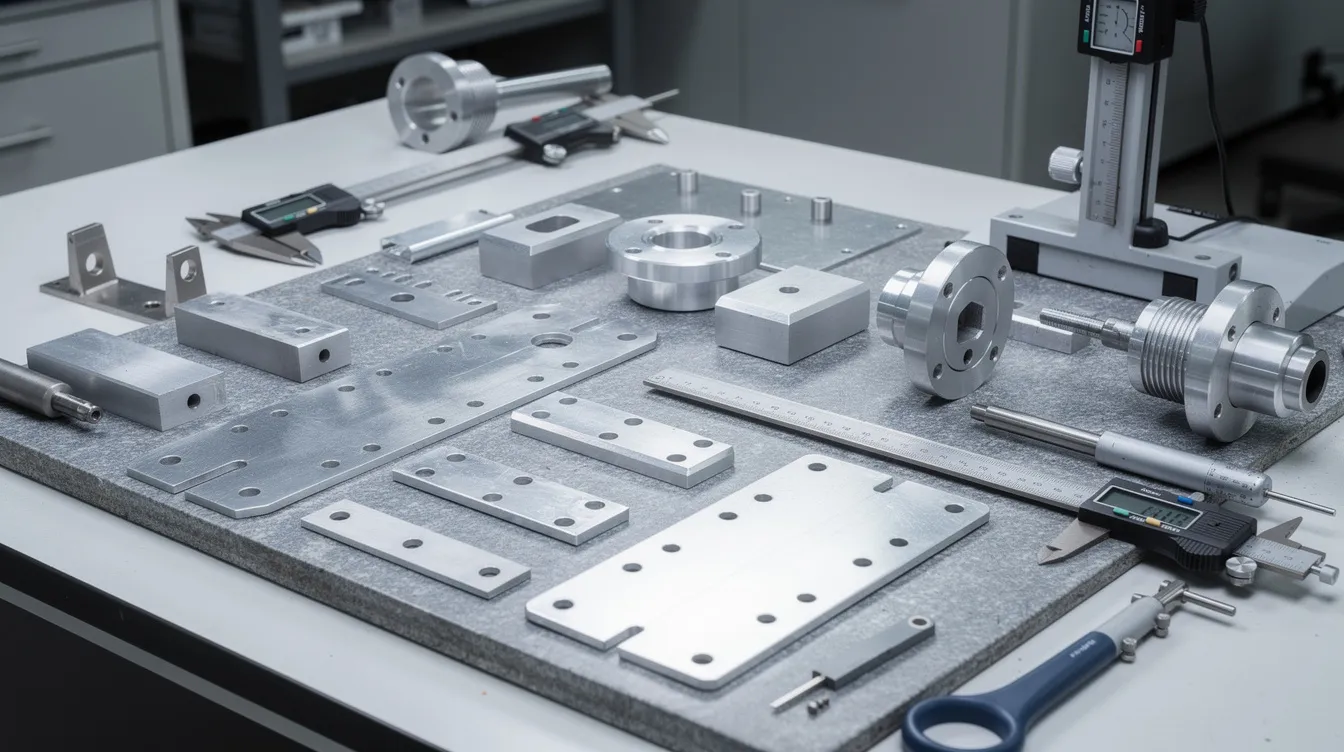 The image features precision sheet metal and machined parts meticulously arranged on an inspection table, accompanied by various measuring tools, showcasing the quality control process in custom sheet metal fabrication. This setup highlights the importance of dimensional accuracy and tight tolerances in the production of high-quality metal components.