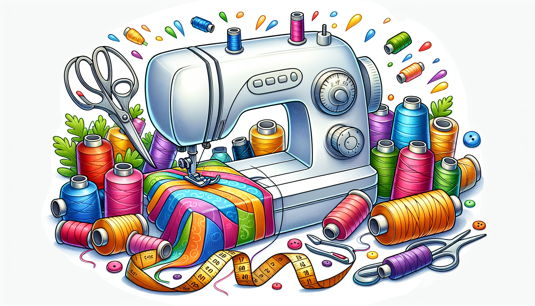 An illustration of a domestic sewing machine with different types of threads nearby.