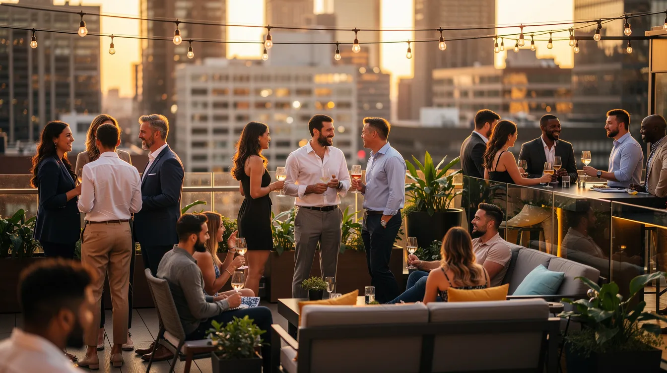 A diverse group of singles is mingling at a modern rooftop social event in an urban setting, engaging in honest conversations and small talk while exploring potential matches in the dating world. The atmosphere is lively, reflecting the vibrant dating life and community of online daters looking for meaningful connections.