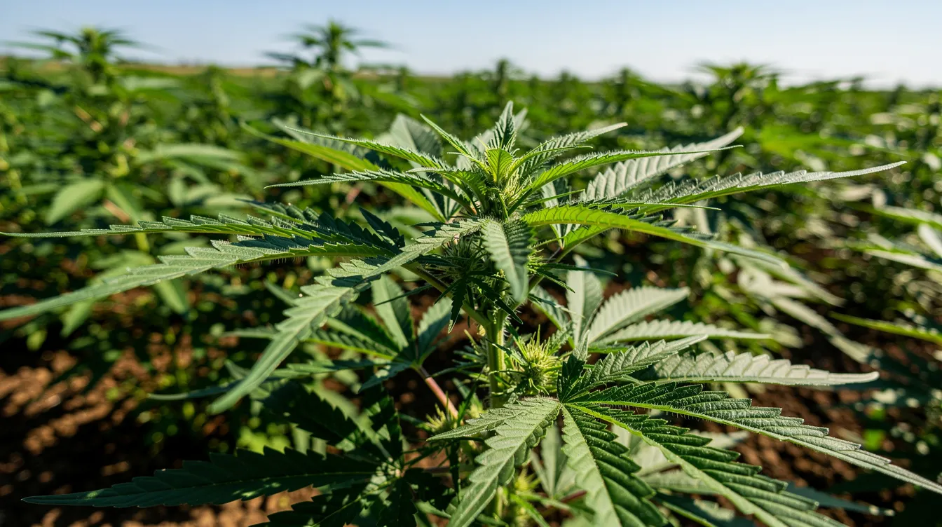 A close-up view of vibrant green hemp plants thriving in an expansive agricultural field, illuminated by bright sunlight. These cannabis sativa plants symbolize the growing cannabis industry and are integral to hemp-derived products, which are regulated under Illinois state law.