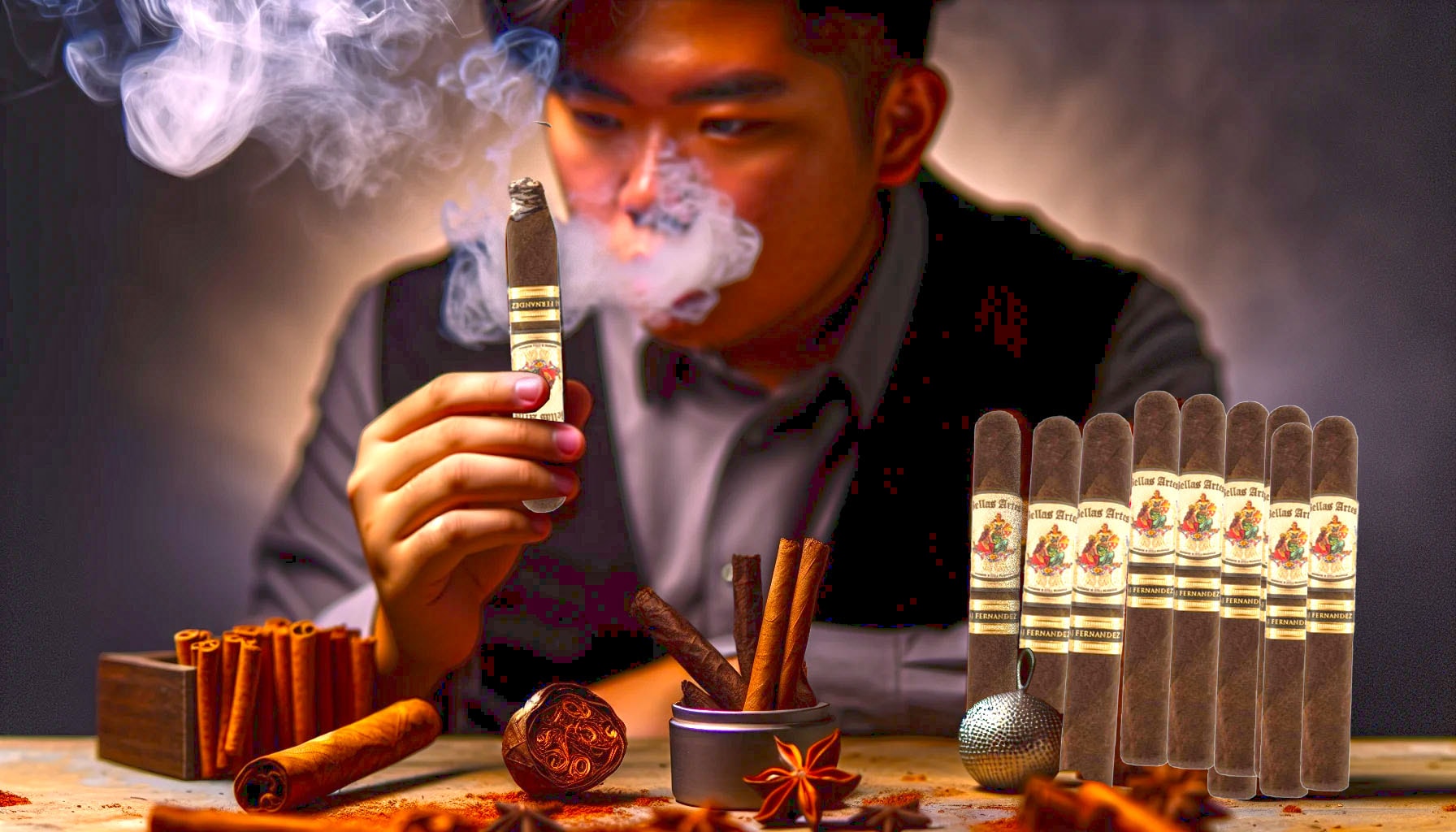 A person holding a Bellas Artes Maduro cigar, surrounded by sweet spices and rich aromas, depicting the flavor journey experienced with the cigar