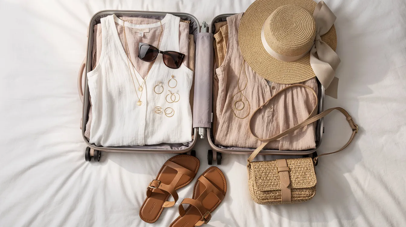 The image features a flat lay of resort wear on a white bed, showcasing cotton dresses, sandals, a straw hat, sunglasses, gold jewelry, and a small woven bag arranged beside an open suitcase, perfect for a warm weather vacation. This stylish display embodies casual resort wear, ideal for tropical destinations and relaxed summer outings.