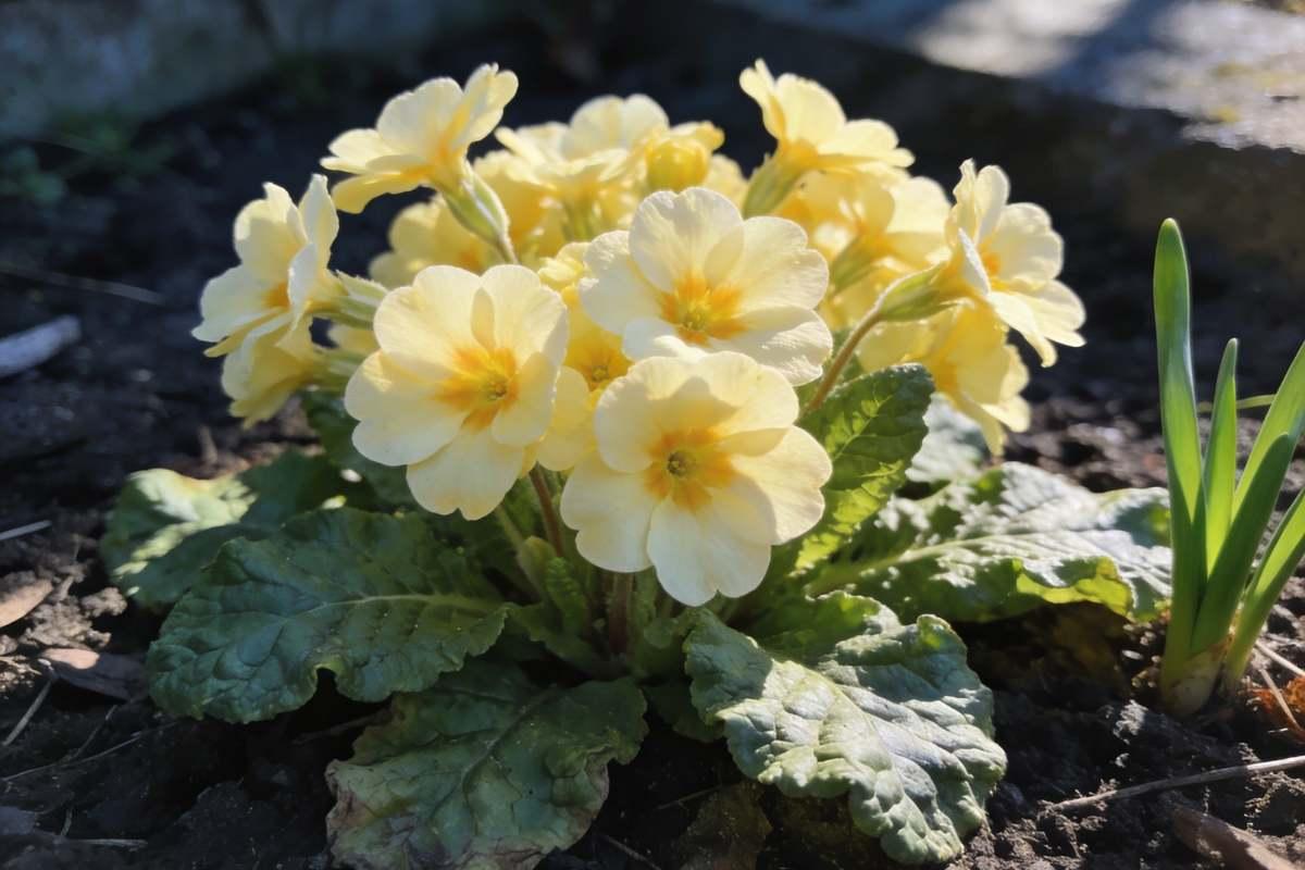 Yellow primroses blooming in a sheltered garden bed in early spring