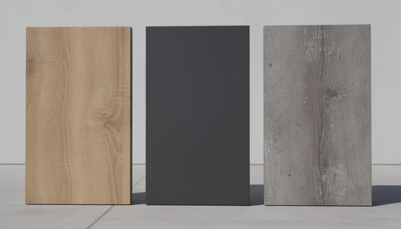 Drie verschillende composiet wandpanelen zijn naast elkaar te zien in eiken, antraciet en vergrijsd hout, perfect geschikt voor gevelbekleding. De panelen hebben een strakke afwerking en een moderne uitstraling, waardoor ze een stijlvolle oplossing bieden voor buitenruimtes.