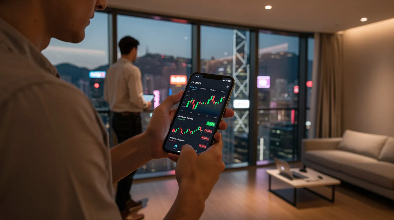 A person is holding a smartphone and checking a financial application that displays various loan options in a modern Hong Kong apartment. The screen shows details such as loan amounts, interest rates, and online application features for private loans.