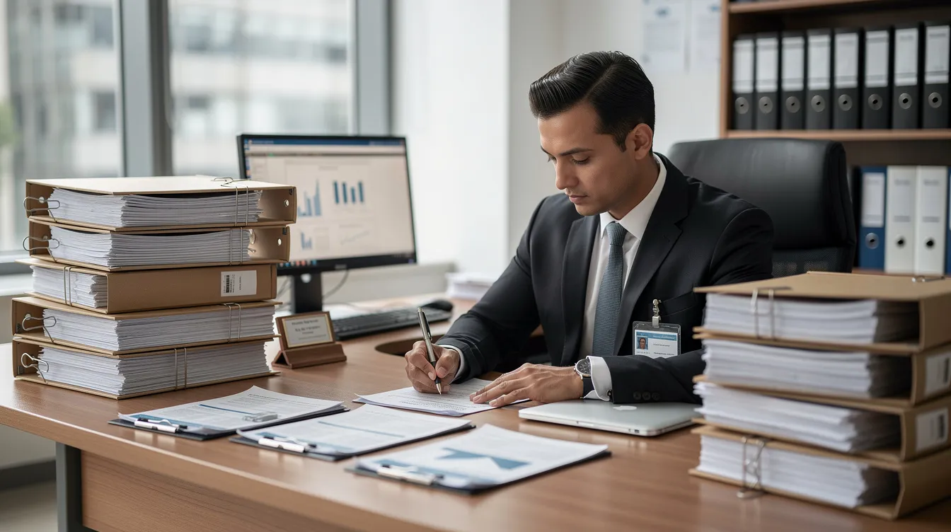 5a0f3ab0 a29e 4379 8619 1cc4c2a27561 A bank officer is seated at a desk, meticulously reviewing documents and stacks of files related to loan applications, possibly for micro enterprises under the Pradhan Mantri Mudra Yojana. The scene reflects the important role financial institutions play in processing business loans and supporting small business owners with their financing needs.