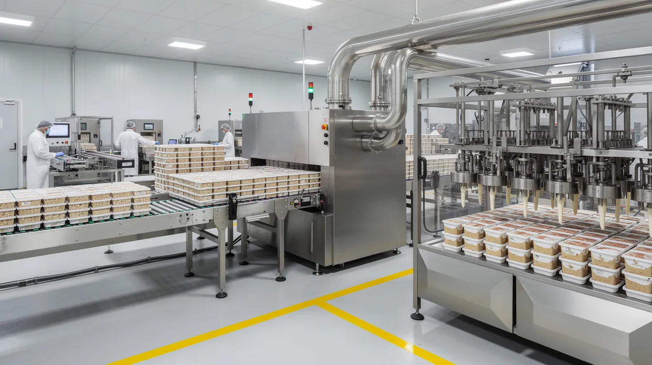 5a105209 98cb 4713 9007 7c9fdd2a5142 The image depicts an industrial ice cream production line within a modern ice cream manufacturing unit, featuring a continuous freezer, filling machines, and conveyor belts efficiently processing frozen desserts. This setup illustrates the operational efficiency and essential equipment necessary for ice cream production, highlighting the manufacturing process in the ice cream industry.