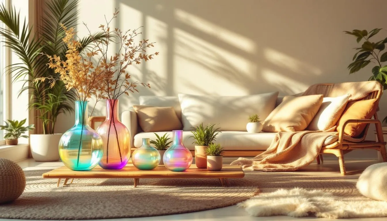 Eco-friendly home décor items, such as recycled glass vases and bamboo furniture, that contribute to a sustainable living space.