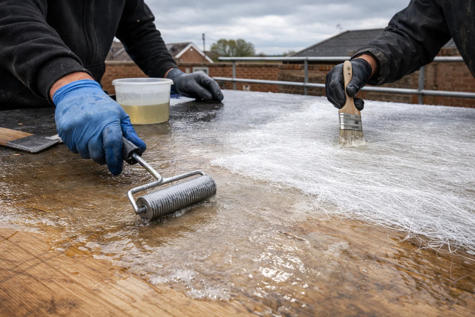 Installers applying resin and fibreglass matting during GRP flat roof installation.