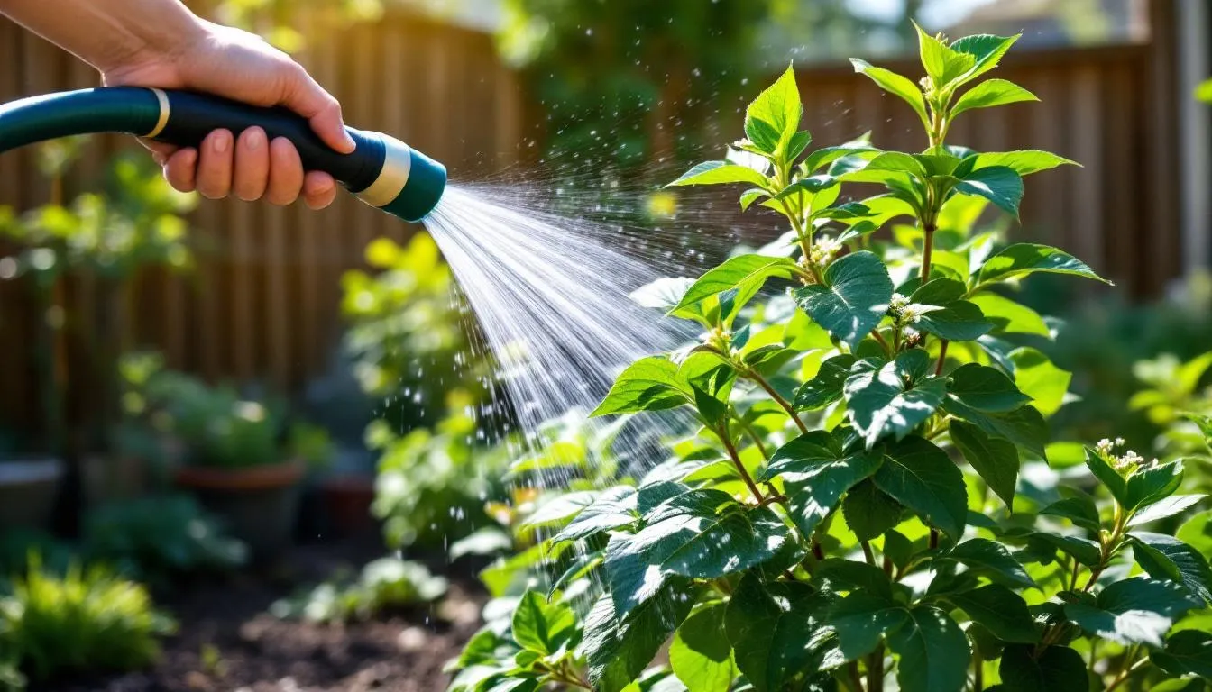 The image shows a vibrant elderberry plant, specifically a sambucus nigra, being watered in a sunlit setting, highlighting its lush green leaves and the rich soil around its shallow roots. In the background, the sunlight creates a warm glow, emphasizing the plant's health and vitality, perfect for attracting beneficial insects and wildlife.