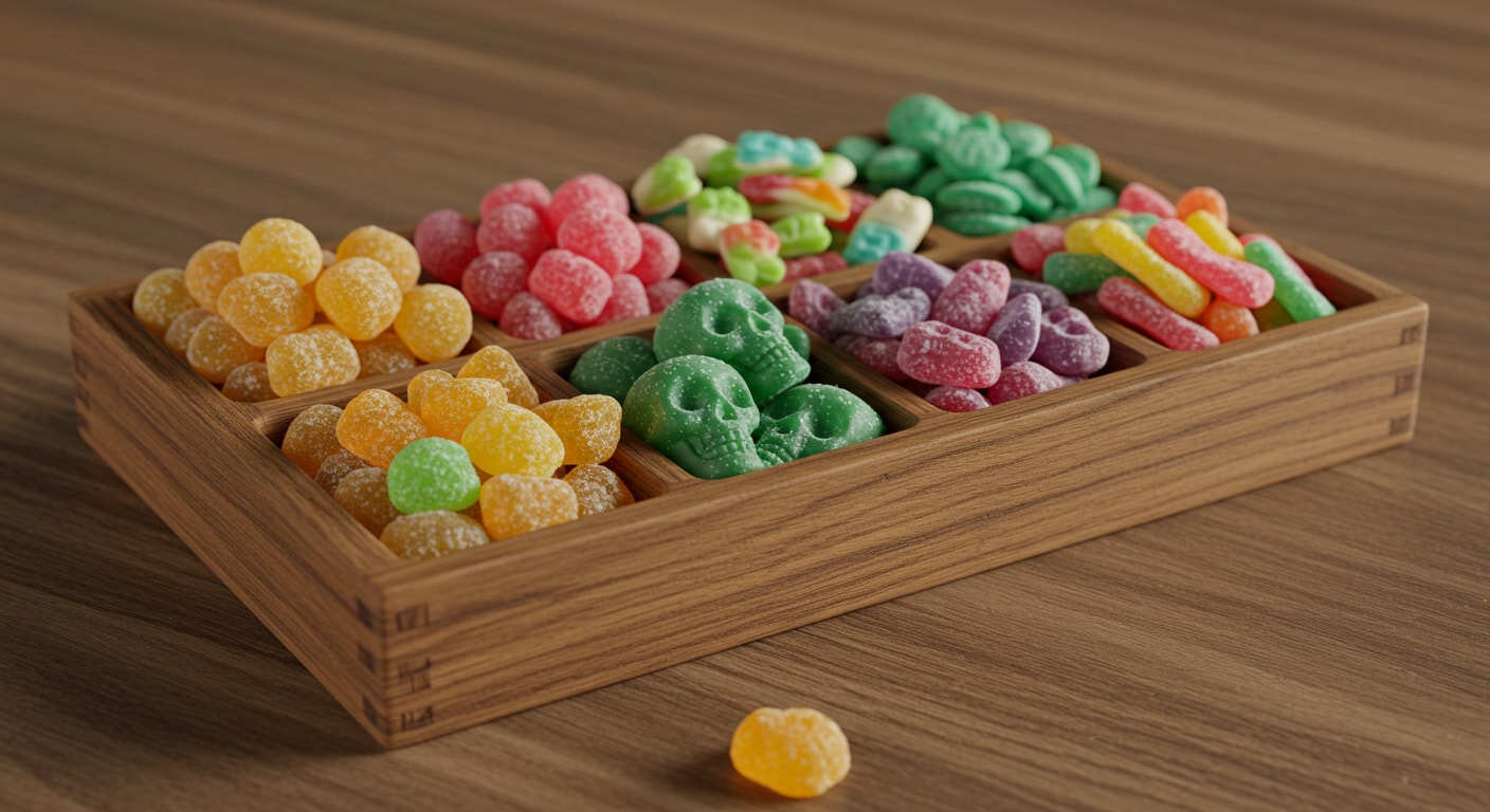 A wide range of sweet and sour Swedish candies on a sampler board