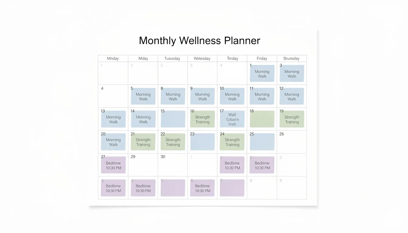 The image depicts a simple monthly planner page featuring color-coded blocks that outline scheduled morning walks, strength training days, and reminders for a consistent bedtime, promoting a healthy lifestyle and optimal metabolism. This organization aids in weight management and encourages physical activity, essential for maintaining muscle mass and boosting metabolism.