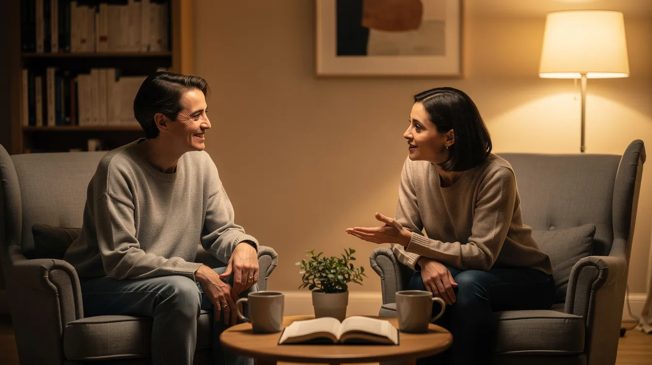The image depicts two adults comfortably seated in plush chairs, engaged in a calm and supportive conversation that emphasizes the importance of mental health and community support. This intimate setting reflects a safe space where they might discuss topics such as code switching and the emotional exhaustion that can arise from navigating cultural norms and external expectations.