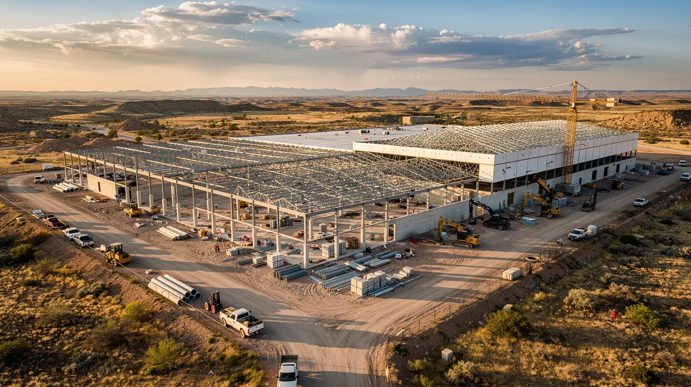 An aerial view captures a large commercial building under construction in a western landscape, showcasing the extensive use of construction materials amidst the ongoing project. This image highlights the procurement risk management challenges faced, such as material costs and potential price escalation due to market volatility and supply chain disruptions.