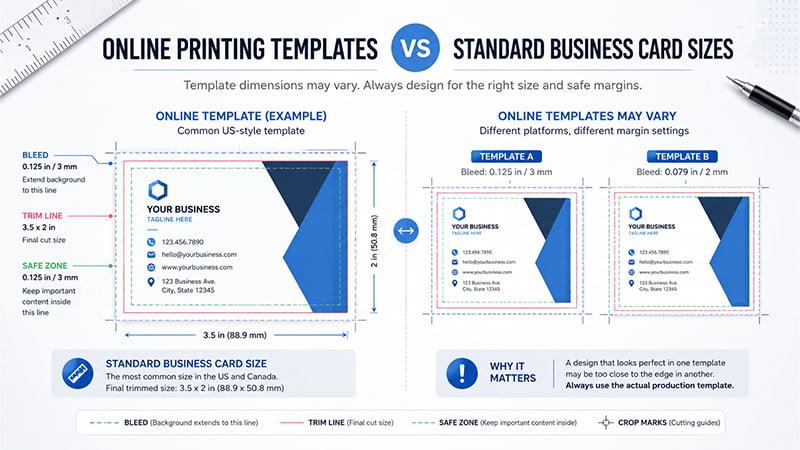 online printing templates versus standard business card sizes showing different bleed trim and safe zone requirements