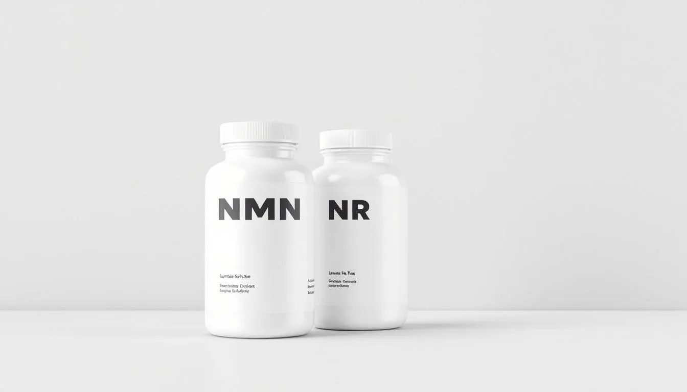 In the image, two bottles labeled "NMN Supplement" and "NR Supplement" are displayed side by side, highlighting the different forms of vitamin B3 used in dietary supplements. The labels suggest their potential benefits for metabolic health, energy production, and support for healthy aging.