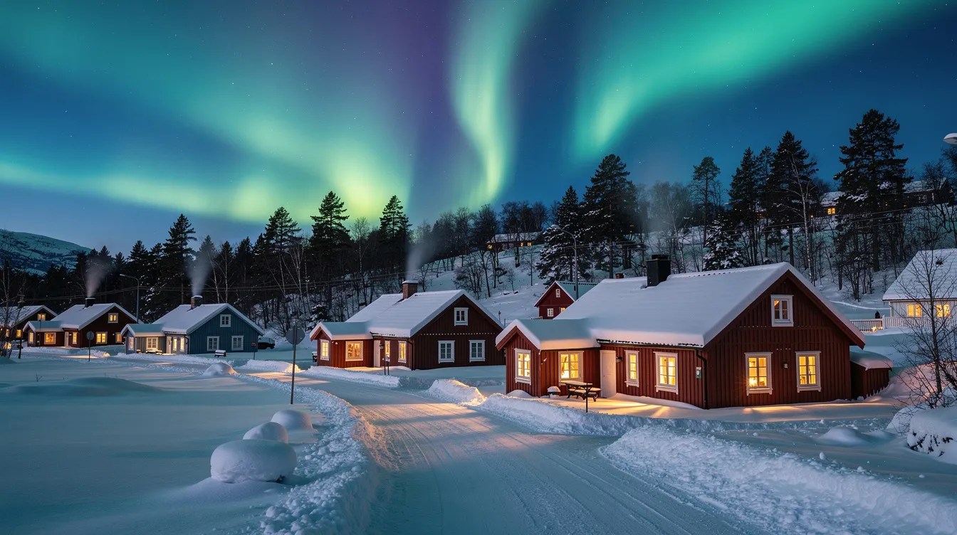 The image depicts a picturesque snowy Norwegian village at twilight, with warm light emanating from the windows of cozy homes and the mesmerizing northern lights illuminating the sky above. This enchanting scene captures the essence of life in Norway, showcasing its stunning natural landscapes and inviting atmosphere.