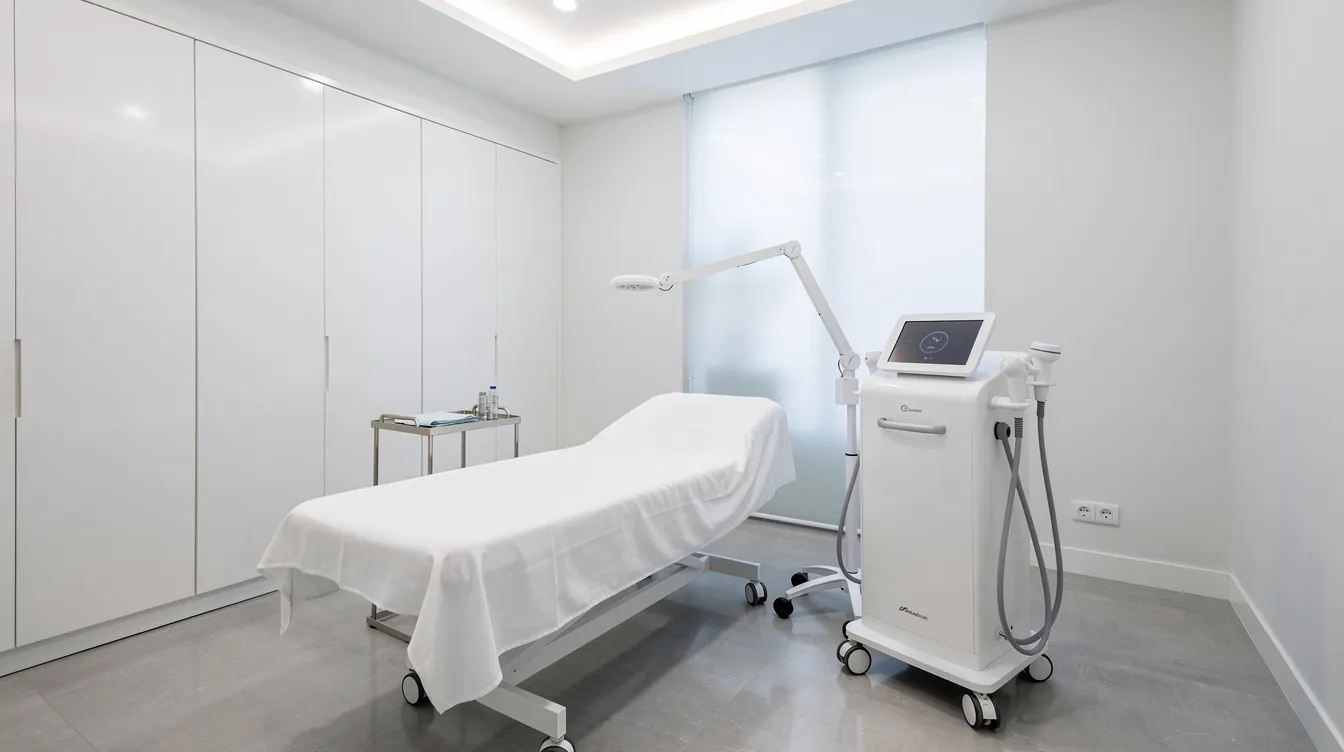 The image showcases a modern treatment room featuring a cutting-edge aesthetic laser device within a clean clinical environment, designed for minimally invasive laser treatments. This setting emphasizes skin tightening and improvement of skin laxity, providing a serene atmosphere for patients seeking innovative solutions for sagging skin and stubborn fat deposits.