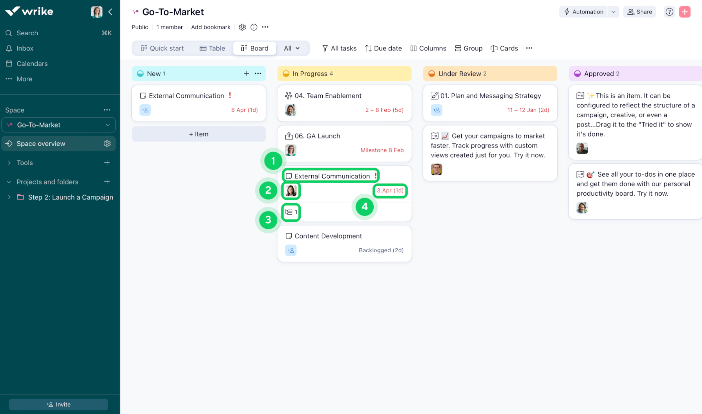 Kanban board in Wrike.