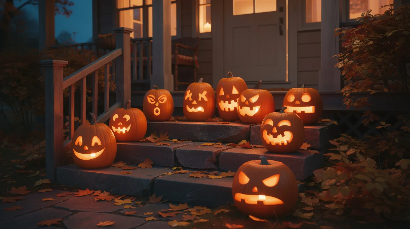 Na schodach przed domem stoją wydrążone dynie z wyciętymi twarzami, tworząc mroczny klimat nocnych obchodów Halloween w jesiennej scenerii. W tle widać opadające liście i delikatne światło, które podkreśla atmosferę tego popularnego święta.