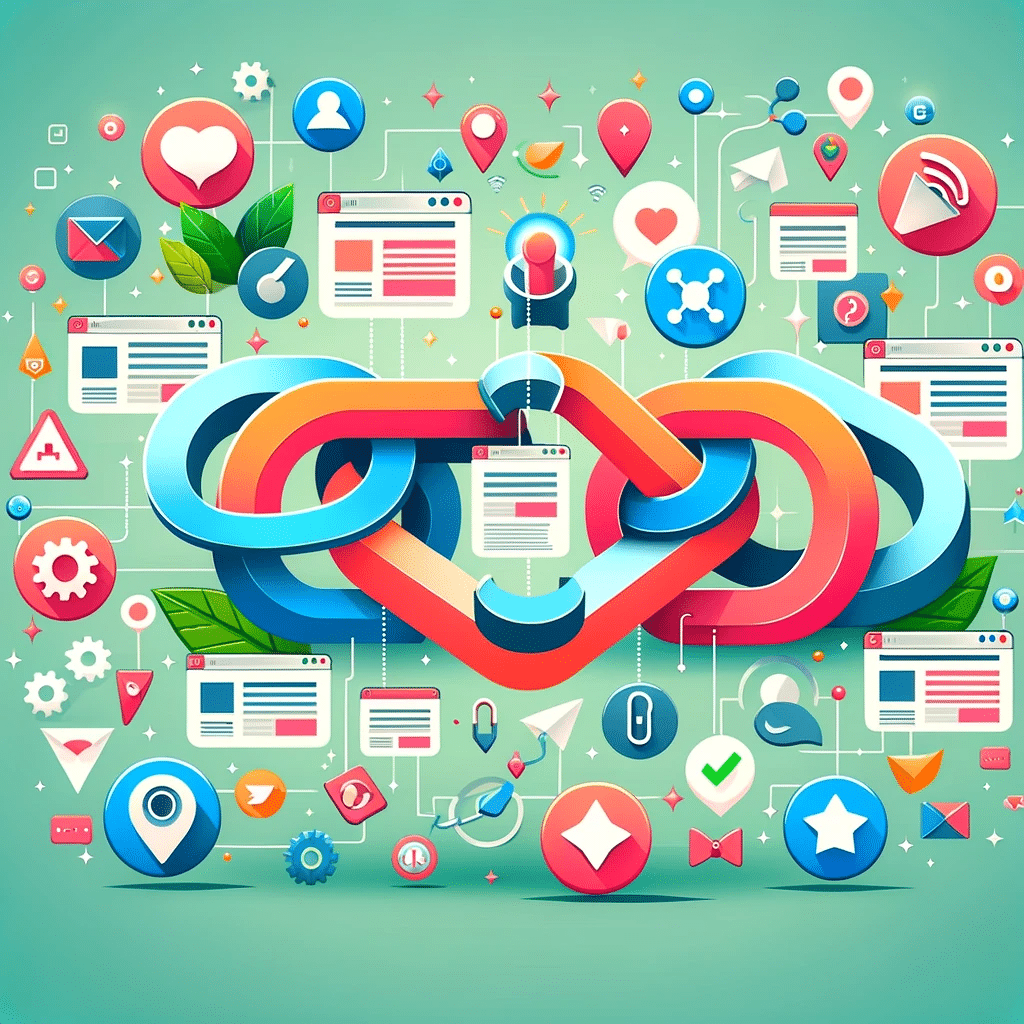 Ilustración colorida que muestra diversos tipos de backlinks en marketing digital, con enlaces de redes sociales y blogs destacados. | Posiciona.Digital