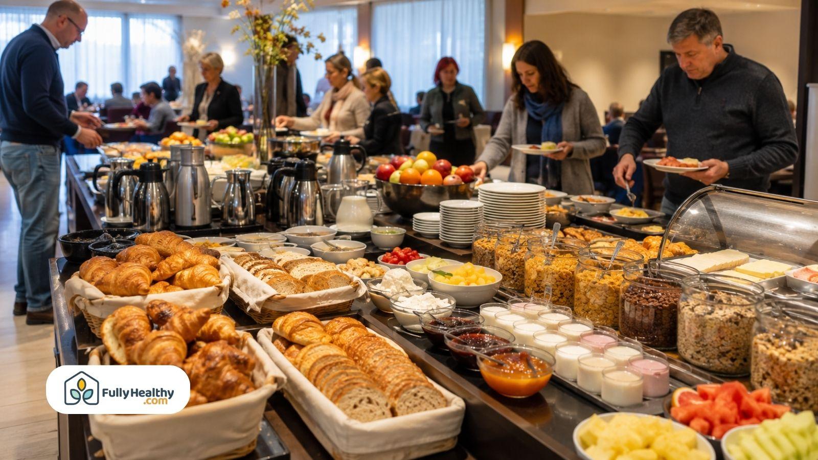 Hotel continental breakfast buffet with pastries cereals fruit yogurt and guests