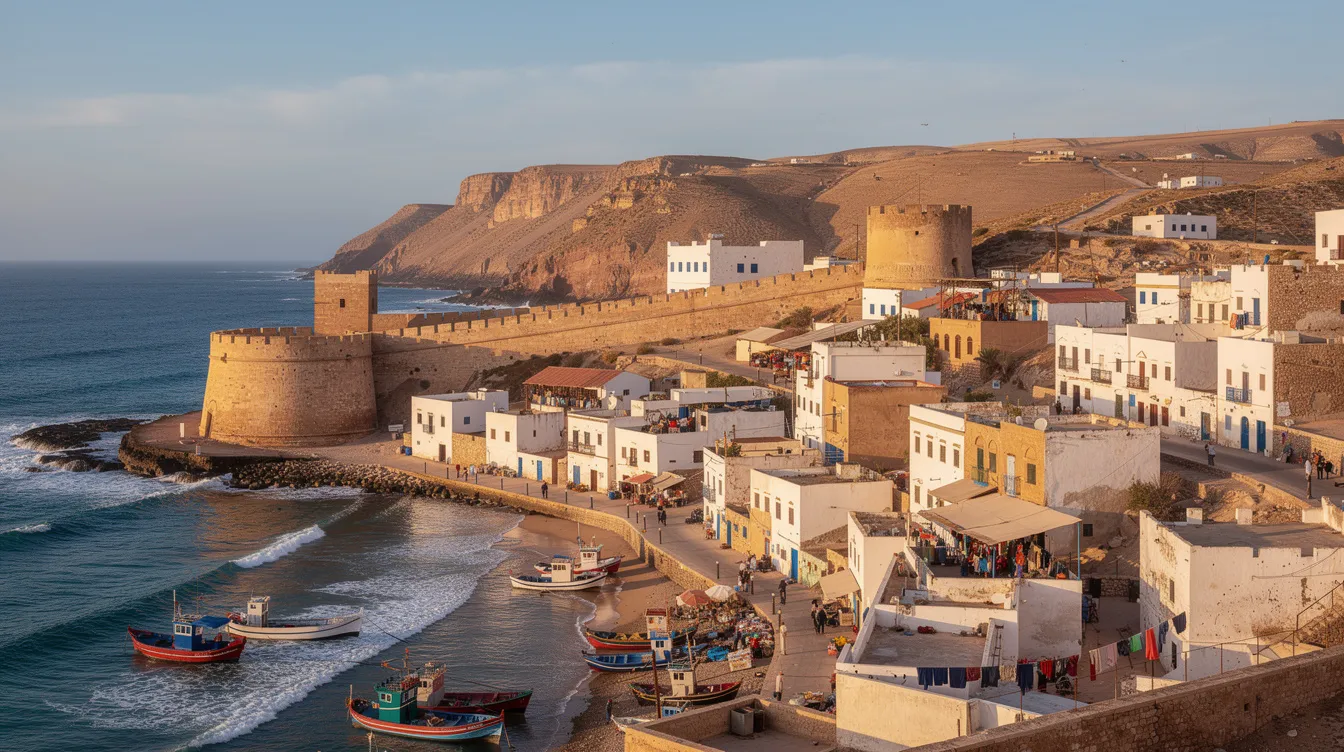 A imagem mostra uma vista panorâmica da cidade de Safi, em Marrocos, destacando a arquitetura tradicional das casas e a proximidade do mar. Ao fundo, é possível ver a montanha que envolve a região, criando um cenário encantador para viajantes e turistas que buscam explorar a cultura local.
