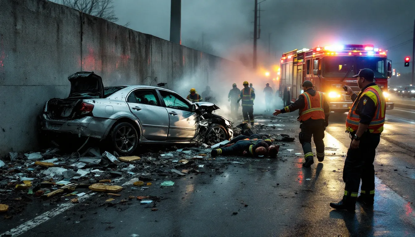 A chaotic scene of a car accident with emergency services arriving.