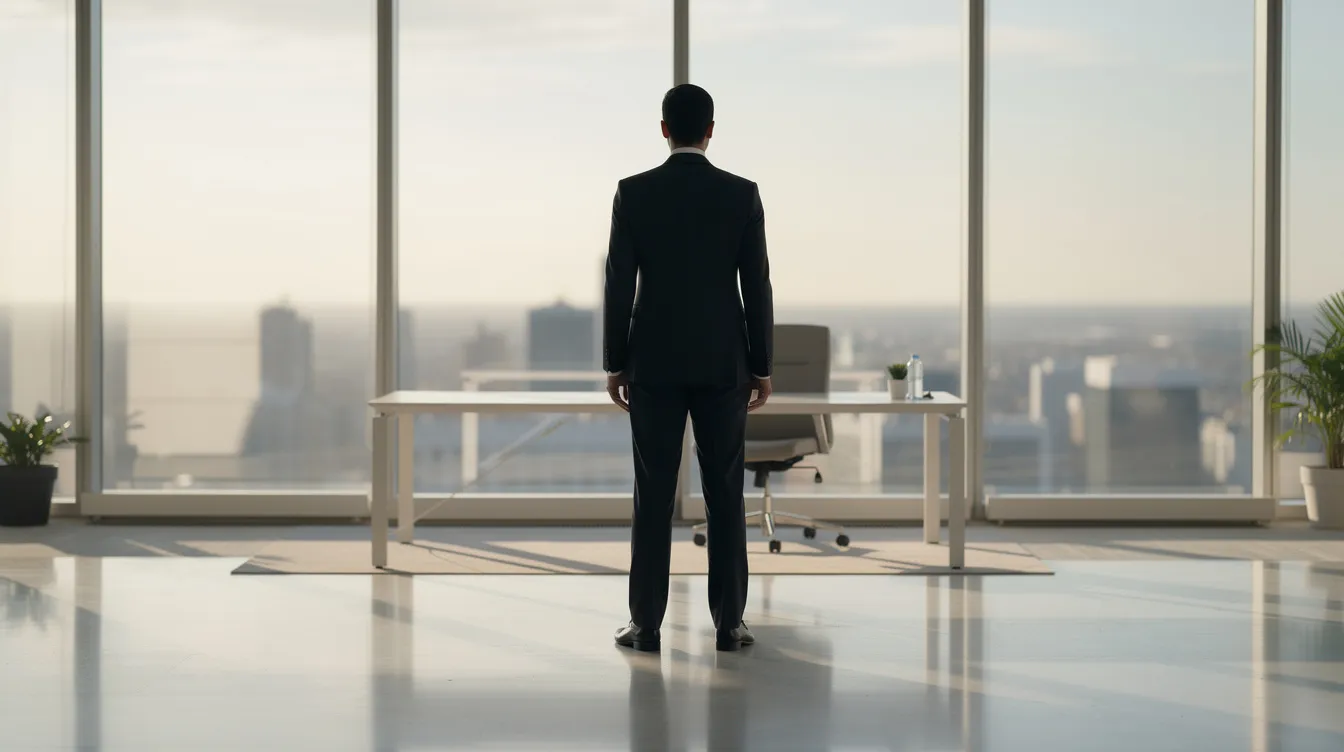 Un professionnel se tient debout devant une grande baie vitrée dans un bureau moderne, regardant l'horizon avec assurance, symbolisant la confiance en soi et le développement personnel. Cette image évoque l'importance de faire appel à un coach professionnel pour surmonter les blocages et atteindre ses objectifs au travail.