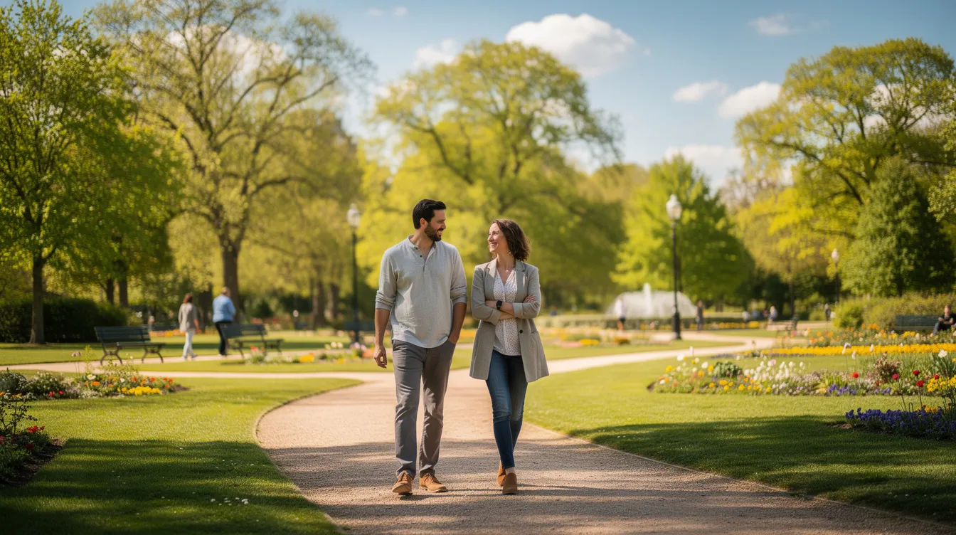 Zwei Personen gehen an einem sonnigen Tag entspannt durch einen Park, umgeben von grünen Bäumen und blühenden Blumen. Sie genießen die frische Luft und die Aussicht, während sie möglicherweise über Themen wie die Altersrente und die Voraussetzungen für einen vorzeitigen Renteneintritt sprechen.