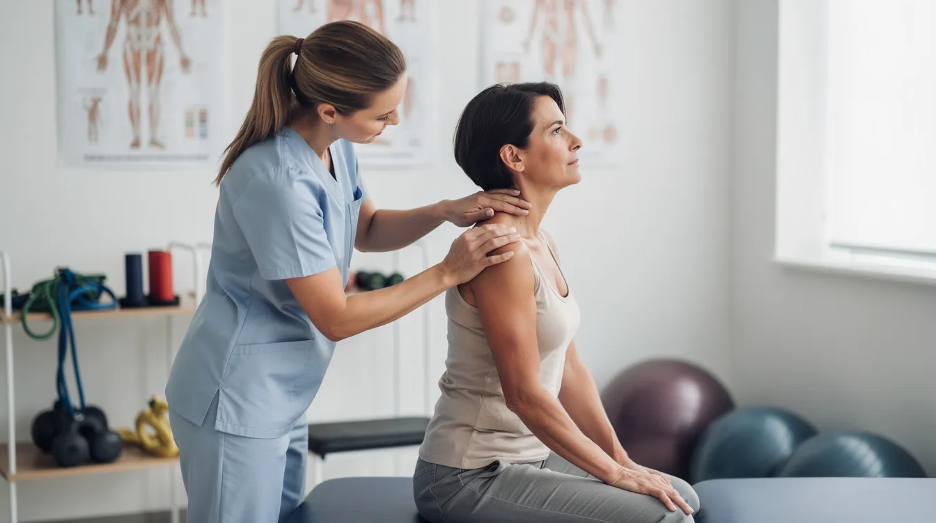 A physiotherapist is examining a patient's neck and shoulder while the patient sits on a treatment table, focusing on relieving neck and shoulder pain through manual therapy and assessing muscle tension in the upper body. The therapist is likely discussing exercises to improve posture and reduce discomfort in the neck and shoulder areas.