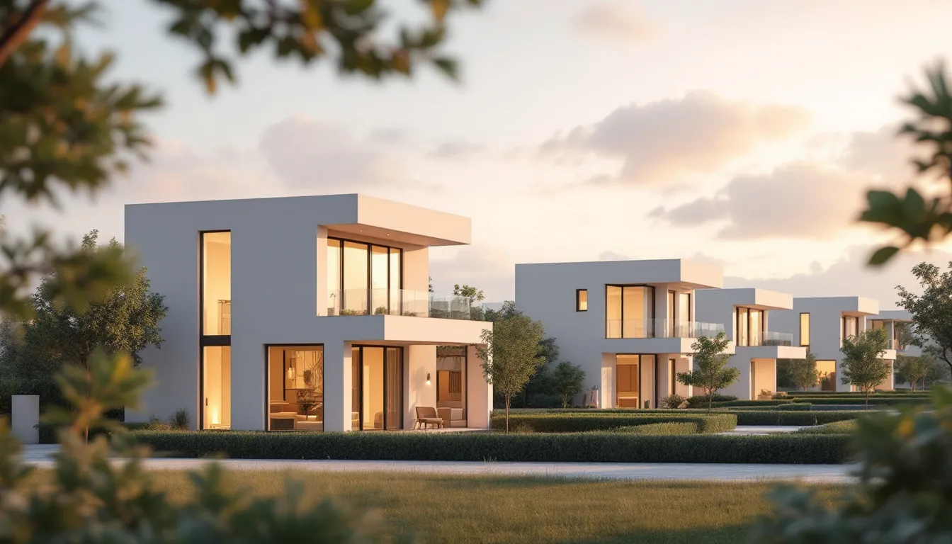 Impacto de la arquitectura residencial en la comunidad, mostrando hogares en un entorno comunitario.