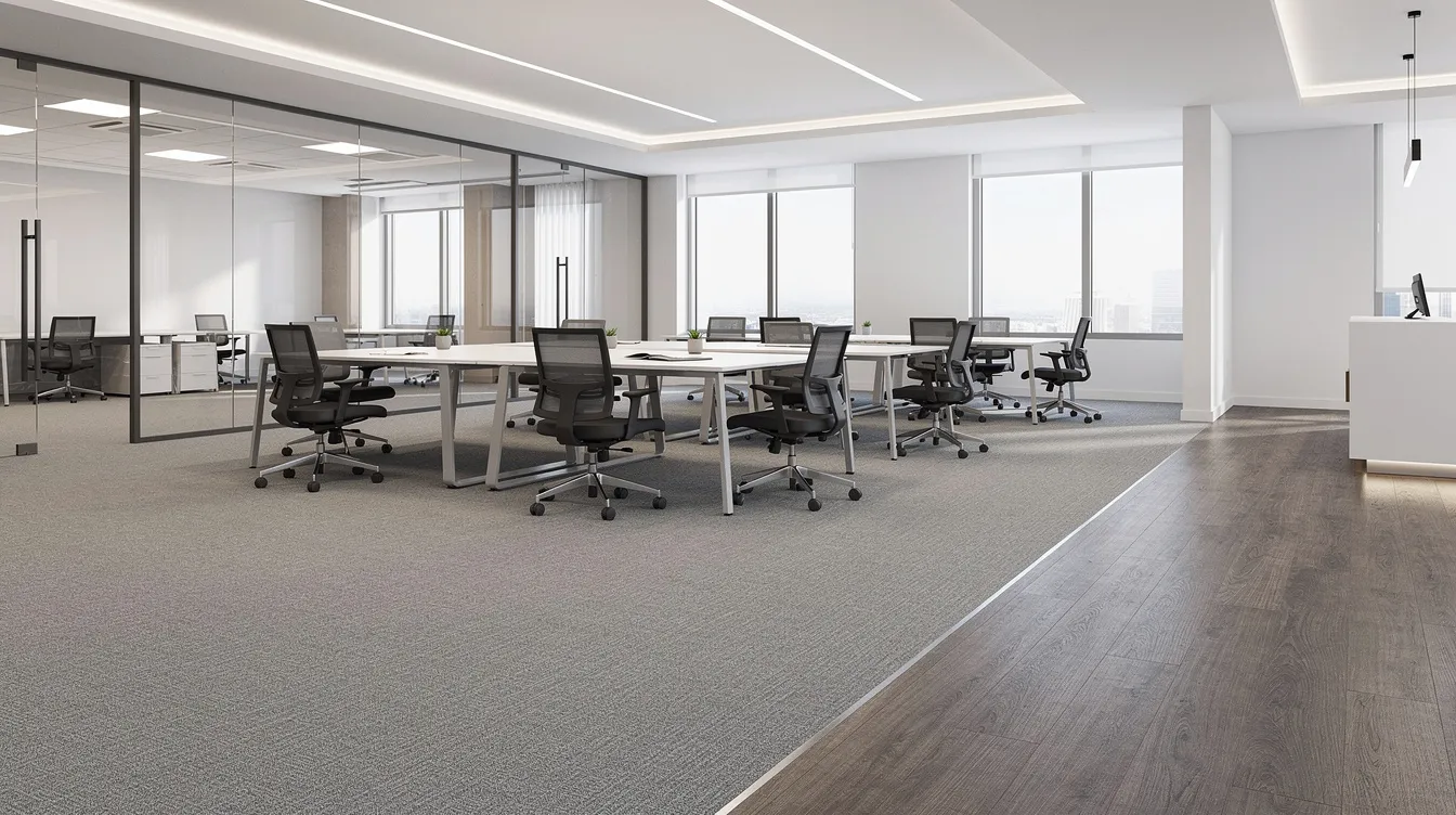 The image depicts a modern commercial office space featuring professional carpet and flooring, designed to enhance indoor air quality. The area is well-maintained, showcasing clean carpets that reflect the expertise of a water damage restoration team, ensuring a safe and inviting environment for businesses in the Houston area.